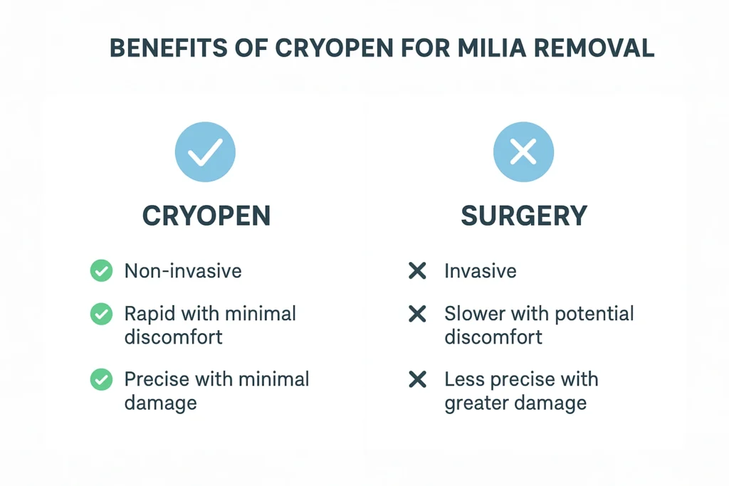 Benefits of cryopen for milia removal Wembley compared to surgical treatments.