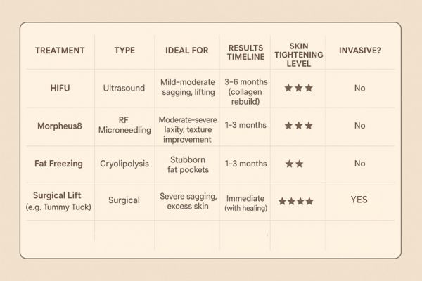 Table showing the comparisons of Skin tightening Wembley treatment options.